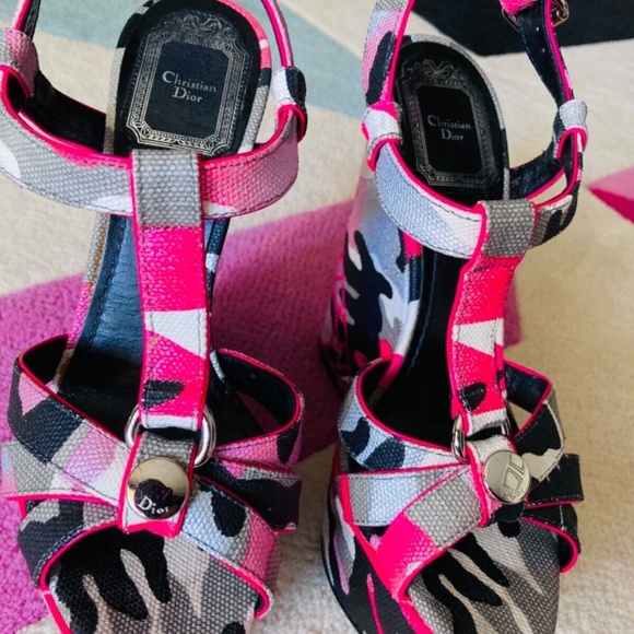 RARE 2011 Dior Anselm Reyle Camouflage Camo Neon Pink Platform Wedge Sandals 36 - Picture 5 of 10